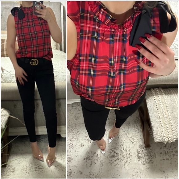 New❤️💚Beautiful Blackwatch /Red plaid bow-neck blousy top - Picture 1 of 8